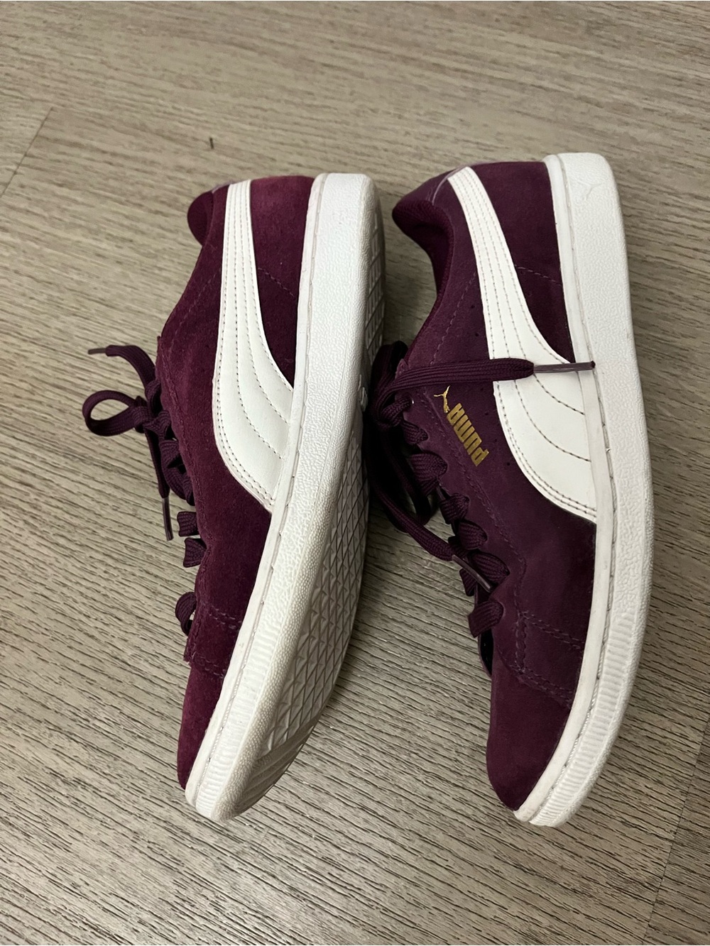 Puma Women's Vikky Suede Sneakers in Purple and White with Gold Logo 7.5